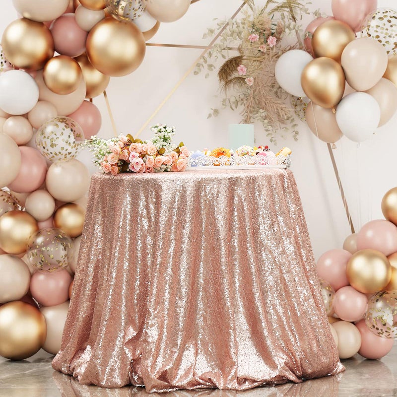 PartyDelight 50" Round Rose Gold Sequin Tablecloth High-Density 3mm Stitched Sequins Shimmering Table Overlay for Small Bistro Tables, Cake Displays & Party Decor - Image 1